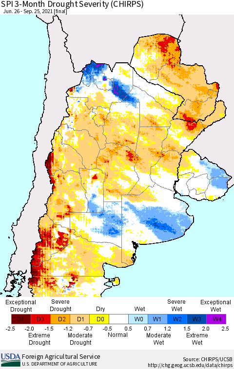 Southern South America SPI 3-Month Drought Severity (CHIRPS) Thematic Map For 6/26/2021 - 9/25/2021