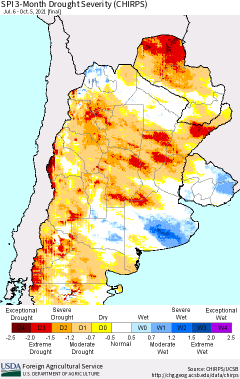 Southern South America SPI 3-Month Drought Severity (CHIRPS) Thematic Map For 7/6/2021 - 10/5/2021