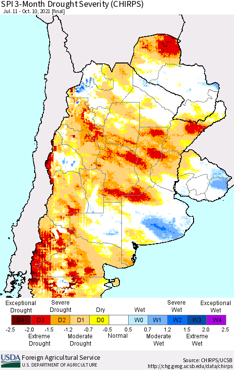 Southern South America SPI 3-Month Drought Severity (CHIRPS) Thematic Map For 7/11/2021 - 10/10/2021