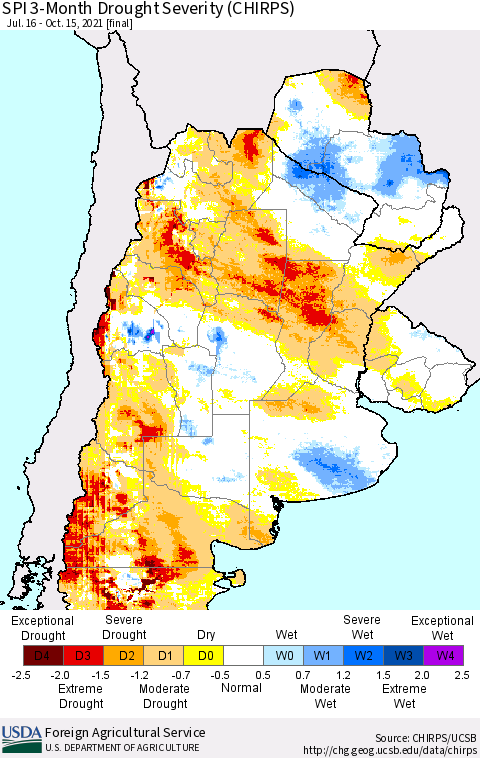 Southern South America SPI 3-Month Drought Severity (CHIRPS) Thematic Map For 7/16/2021 - 10/15/2021
