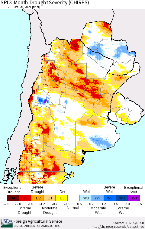 Southern South America SPI 3-Month Drought Severity (CHIRPS) Thematic Map For 7/21/2021 - 10/20/2021