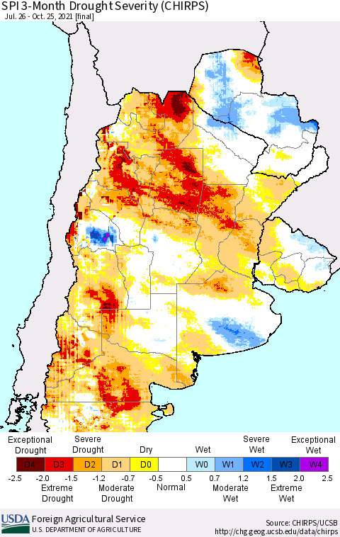 Southern South America SPI 3-Month Drought Severity (CHIRPS) Thematic Map For 7/26/2021 - 10/25/2021