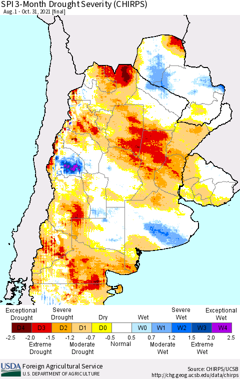 Southern South America SPI 3-Month Drought Severity (CHIRPS) Thematic Map For 8/1/2021 - 10/31/2021