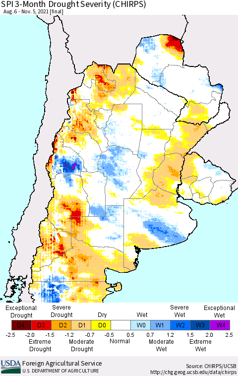 Southern South America SPI 3-Month Drought Severity (CHIRPS) Thematic Map For 8/6/2021 - 11/5/2021