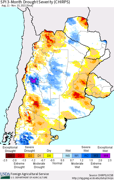 Southern South America SPI 3-Month Drought Severity (CHIRPS) Thematic Map For 8/11/2021 - 11/10/2021