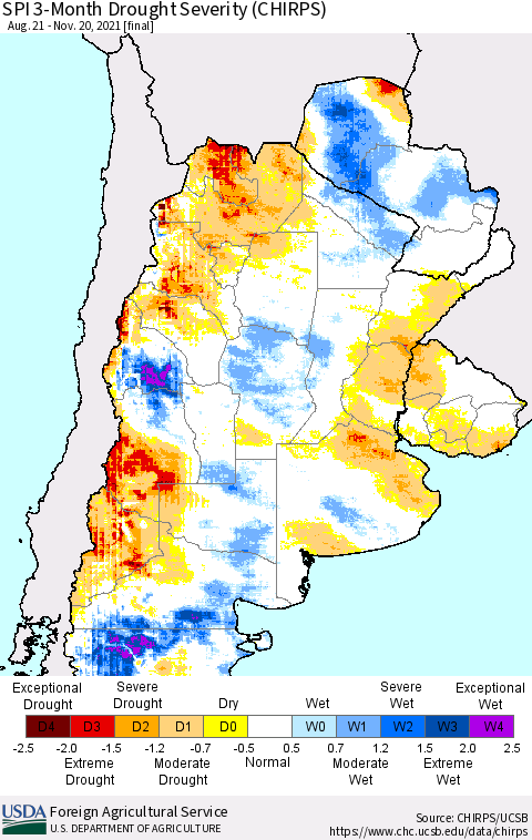 Southern South America SPI 3-Month Drought Severity (CHIRPS) Thematic Map For 8/21/2021 - 11/20/2021