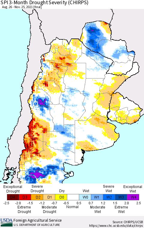 Southern South America SPI 3-Month Drought Severity (CHIRPS) Thematic Map For 8/26/2021 - 11/25/2021