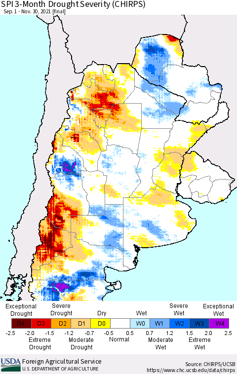 Southern South America SPI 3-Month Drought Severity (CHIRPS) Thematic Map For 9/1/2021 - 11/30/2021