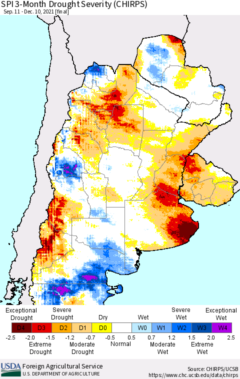 Southern South America SPI 3-Month Drought Severity (CHIRPS) Thematic Map For 9/11/2021 - 12/10/2021
