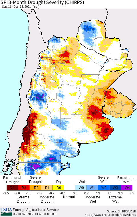 Southern South America SPI 3-Month Drought Severity (CHIRPS) Thematic Map For 9/16/2021 - 12/15/2021