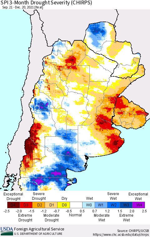 Southern South America SPI 3-Month Drought Severity (CHIRPS) Thematic Map For 9/21/2021 - 12/20/2021