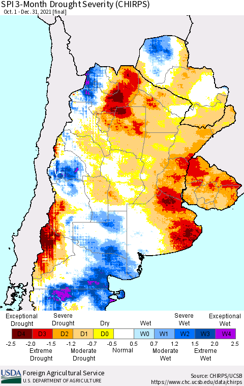 Southern South America SPI 3-Month Drought Severity (CHIRPS) Thematic Map For 10/1/2021 - 12/31/2021