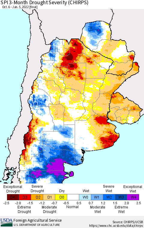 Southern South America SPI 3-Month Drought Severity (CHIRPS) Thematic Map For 10/6/2021 - 1/5/2022