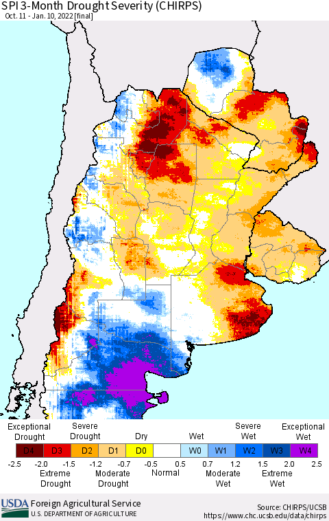 Southern South America SPI 3-Month Drought Severity (CHIRPS) Thematic Map For 10/11/2021 - 1/10/2022