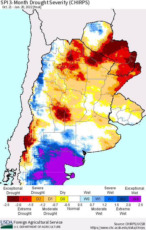 Southern South America SPI 3-Month Drought Severity (CHIRPS) Thematic Map For 10/21/2021 - 1/20/2022