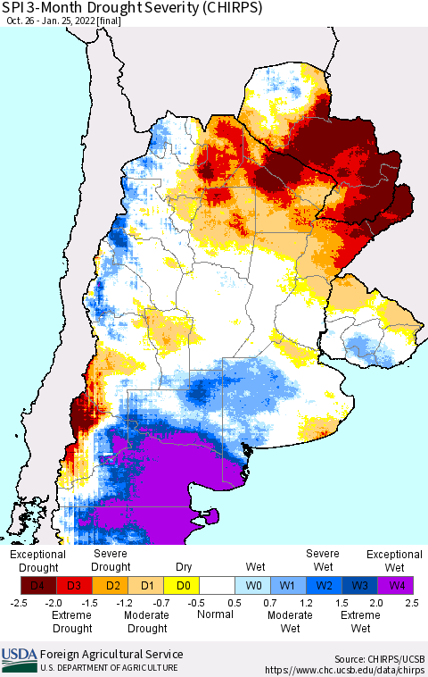 Southern South America SPI 3-Month Drought Severity (CHIRPS) Thematic Map For 10/26/2021 - 1/25/2022