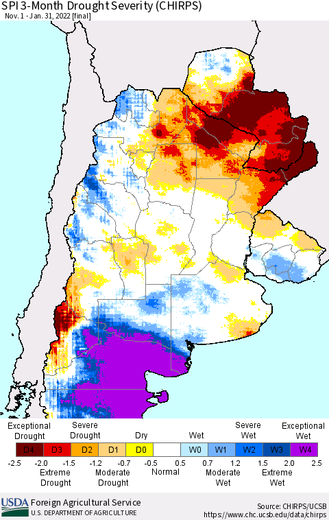 Southern South America SPI 3-Month Drought Severity (CHIRPS) Thematic Map For 11/1/2021 - 1/31/2022