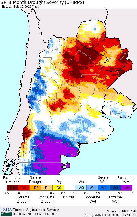 Southern South America SPI 3-Month Drought Severity (CHIRPS) Thematic Map For 11/11/2021 - 2/10/2022