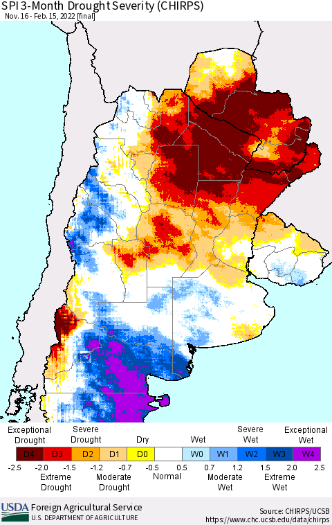 Southern South America SPI 3-Month Drought Severity (CHIRPS) Thematic Map For 11/16/2021 - 2/15/2022