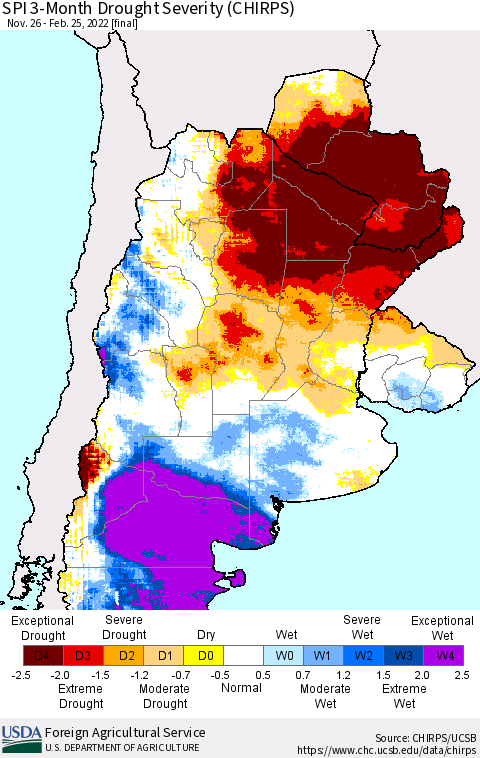 Southern South America SPI 3-Month Drought Severity (CHIRPS) Thematic Map For 11/26/2021 - 2/25/2022