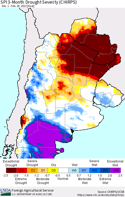 Southern South America SPI 3-Month Drought Severity (CHIRPS) Thematic Map For 12/1/2021 - 2/28/2022