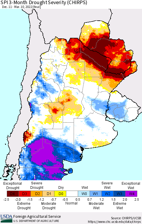 Southern South America SPI 3-Month Drought Severity (CHIRPS) Thematic Map For 12/11/2021 - 3/10/2022