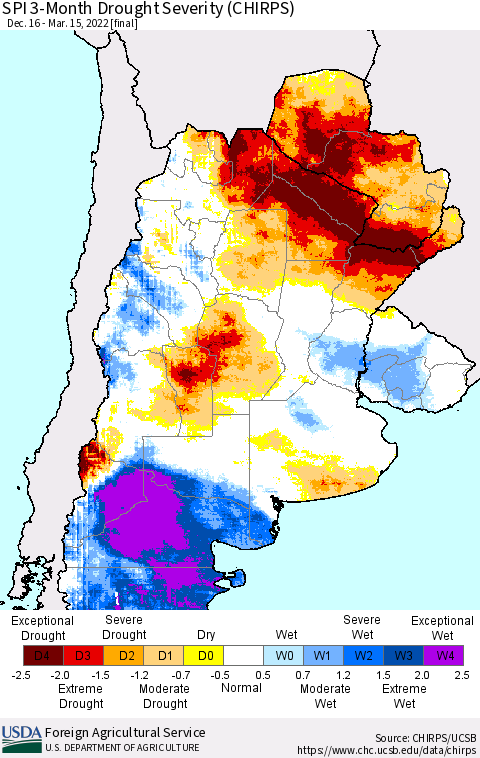 Southern South America SPI 3-Month Drought Severity (CHIRPS) Thematic Map For 12/16/2021 - 3/15/2022