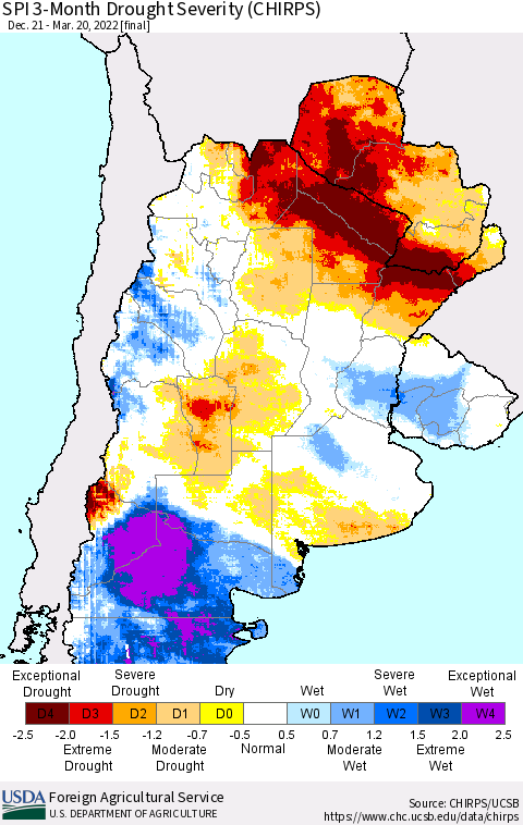 Southern South America SPI 3-Month Drought Severity (CHIRPS) Thematic Map For 12/21/2021 - 3/20/2022