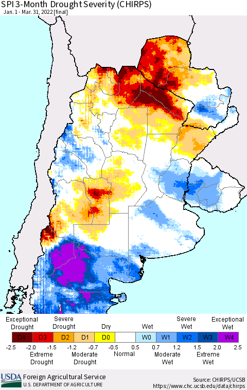 Southern South America SPI 3-Month Drought Severity (CHIRPS) Thematic Map For 1/1/2022 - 3/31/2022