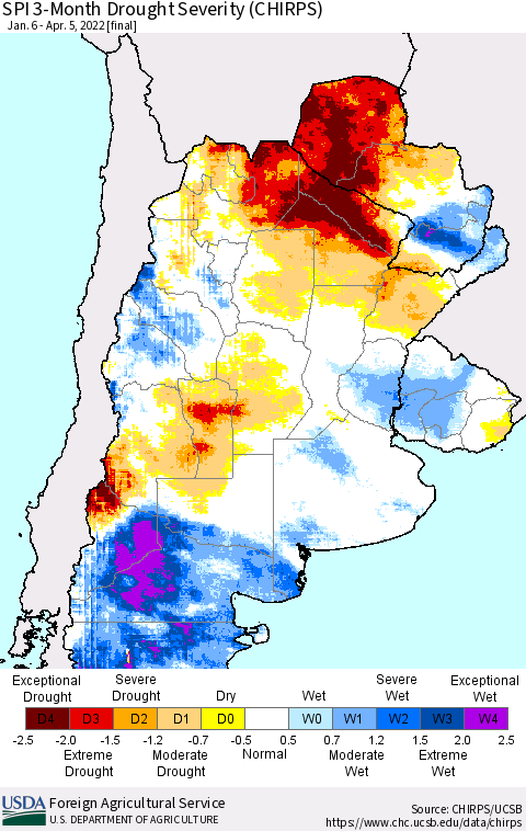 Southern South America SPI 3-Month Drought Severity (CHIRPS) Thematic Map For 1/6/2022 - 4/5/2022