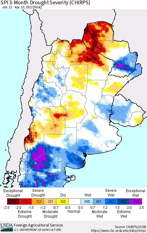 Southern South America SPI 3-Month Drought Severity (CHIRPS) Thematic Map For 1/11/2022 - 4/10/2022
