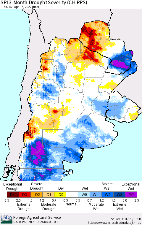 Southern South America SPI 3-Month Drought Severity (CHIRPS) Thematic Map For 1/16/2022 - 4/15/2022