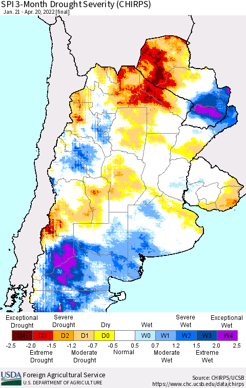 Southern South America SPI 3-Month Drought Severity (CHIRPS) Thematic Map For 1/21/2022 - 4/20/2022