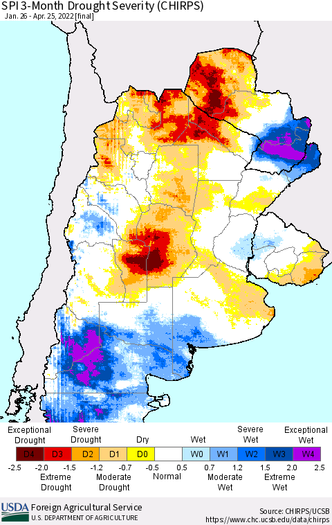 Southern South America SPI 3-Month Drought Severity (CHIRPS) Thematic Map For 1/26/2022 - 4/25/2022