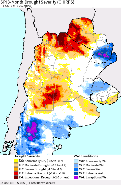 Southern South America SPI 3-Month Drought Severity (CHIRPS) Thematic Map For 2/6/2022 - 5/5/2022