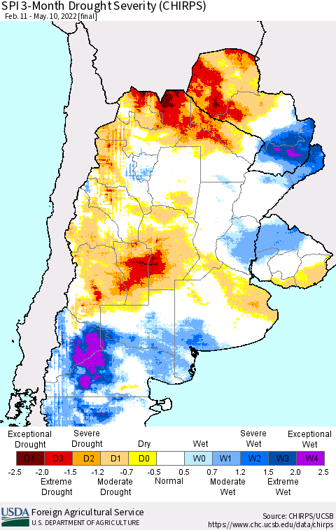 Southern South America SPI 3-Month Drought Severity (CHIRPS) Thematic Map For 2/11/2022 - 5/10/2022