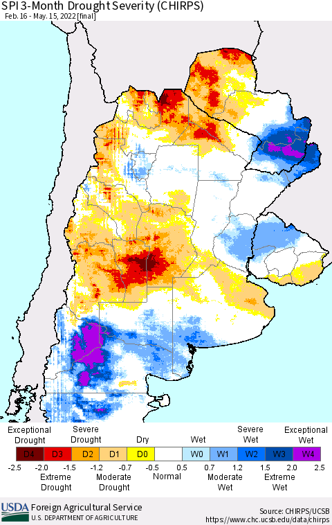 Southern South America SPI 3-Month Drought Severity (CHIRPS) Thematic Map For 2/16/2022 - 5/15/2022