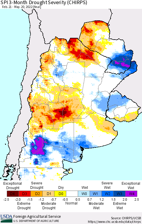 Southern South America SPI 3-Month Drought Severity (CHIRPS) Thematic Map For 2/21/2022 - 5/20/2022