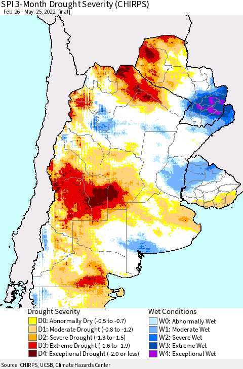 Southern South America SPI 3-Month Drought Severity (CHIRPS) Thematic Map For 2/26/2022 - 5/25/2022