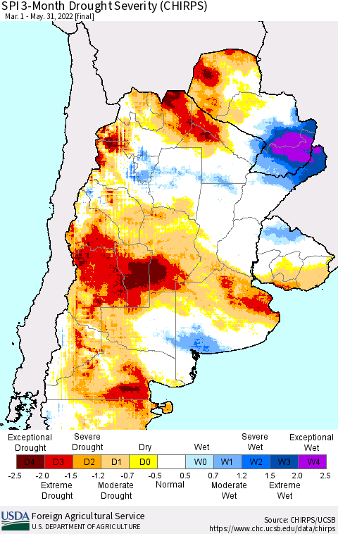 Southern South America SPI 3-Month Drought Severity (CHIRPS) Thematic Map For 3/1/2022 - 5/31/2022