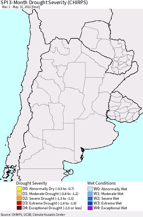 Southern South America SPI 3-Month Drought Severity (CHIRPS) Thematic Map For 3/1/2022 - 5/31/2022