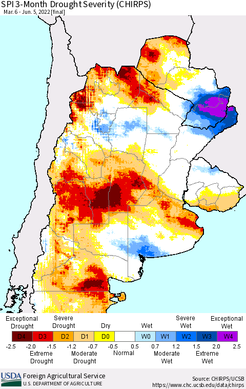 Southern South America SPI 3-Month Drought Severity (CHIRPS) Thematic Map For 3/6/2022 - 6/5/2022