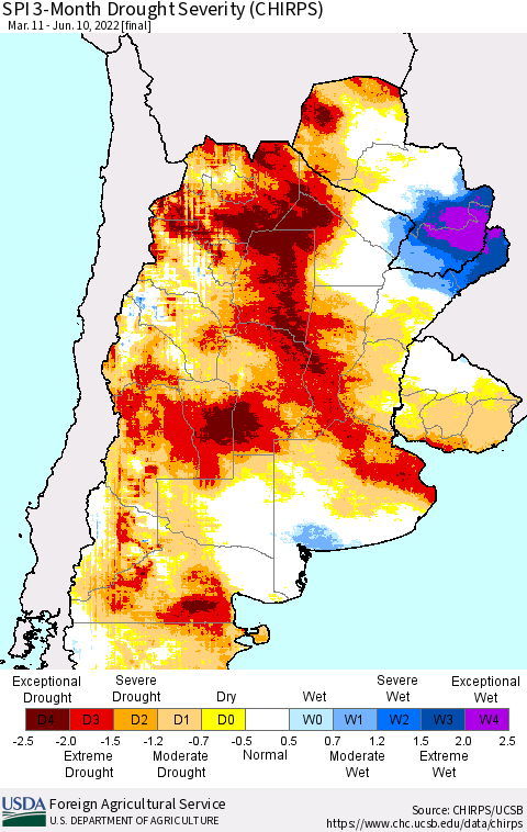 Southern South America SPI 3-Month Drought Severity (CHIRPS) Thematic Map For 3/11/2022 - 6/10/2022