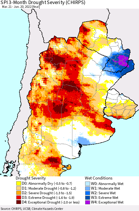 Southern South America SPI 3-Month Drought Severity (CHIRPS) Thematic Map For 3/21/2022 - 6/20/2022