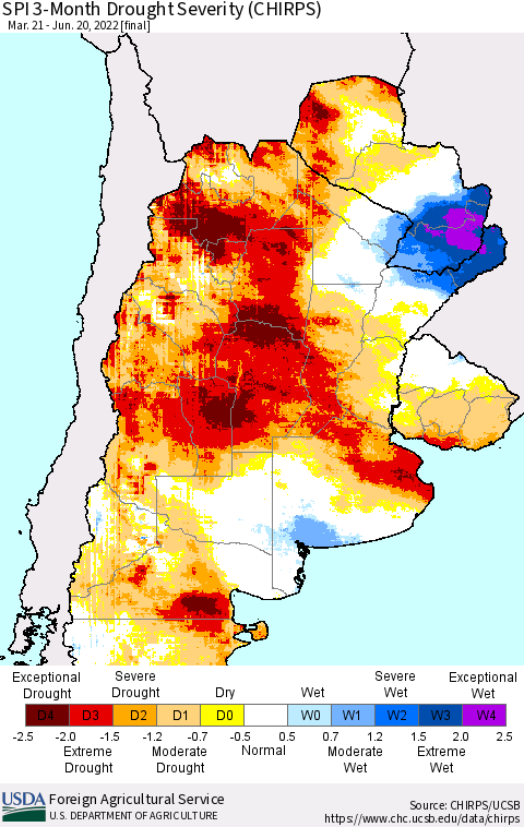 Southern South America SPI 3-Month Drought Severity (CHIRPS) Thematic Map For 3/21/2022 - 6/20/2022
