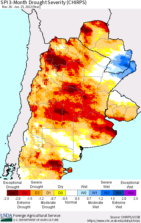 Southern South America SPI 3-Month Drought Severity (CHIRPS) Thematic Map For 3/26/2022 - 6/25/2022