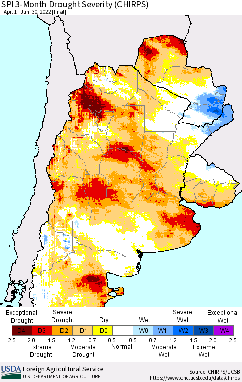 Southern South America SPI 3-Month Drought Severity (CHIRPS) Thematic Map For 4/1/2022 - 6/30/2022
