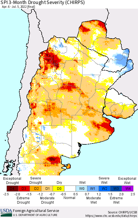 Southern South America SPI 3-Month Drought Severity (CHIRPS) Thematic Map For 4/6/2022 - 7/5/2022