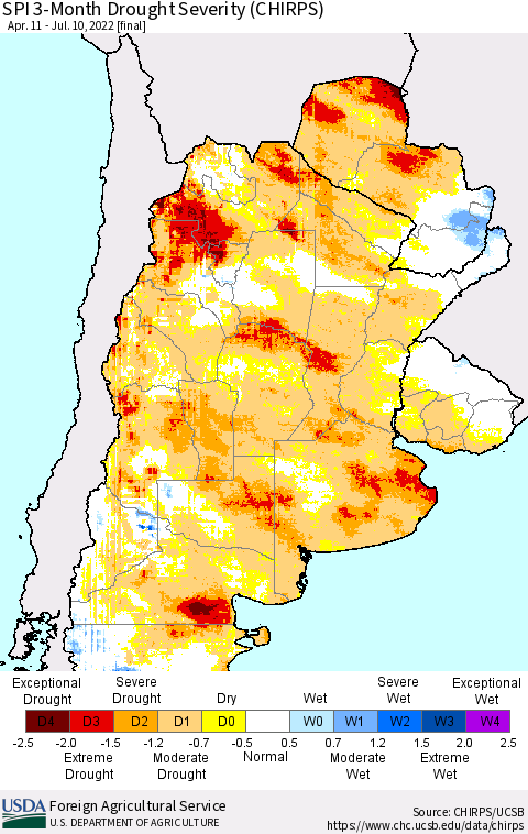 Southern South America SPI 3-Month Drought Severity (CHIRPS) Thematic Map For 4/11/2022 - 7/10/2022