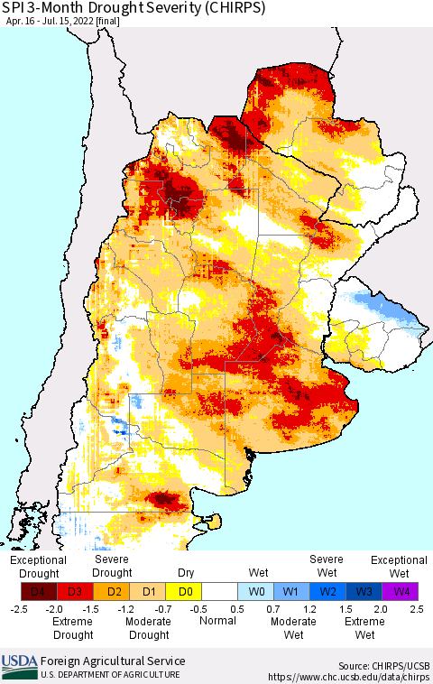 Southern South America SPI 3-Month Drought Severity (CHIRPS) Thematic Map For 4/16/2022 - 7/15/2022